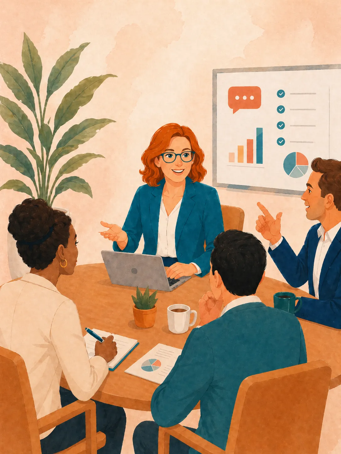 Confident HR professional leading a meeting, presenting ideas clearly while colleagues listen and engage in a modern, collaborative setting.