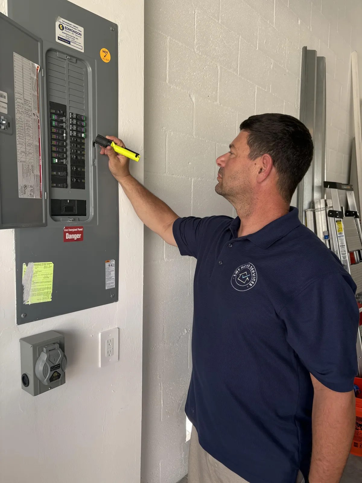 John Nardozzi inspecting electrical panel