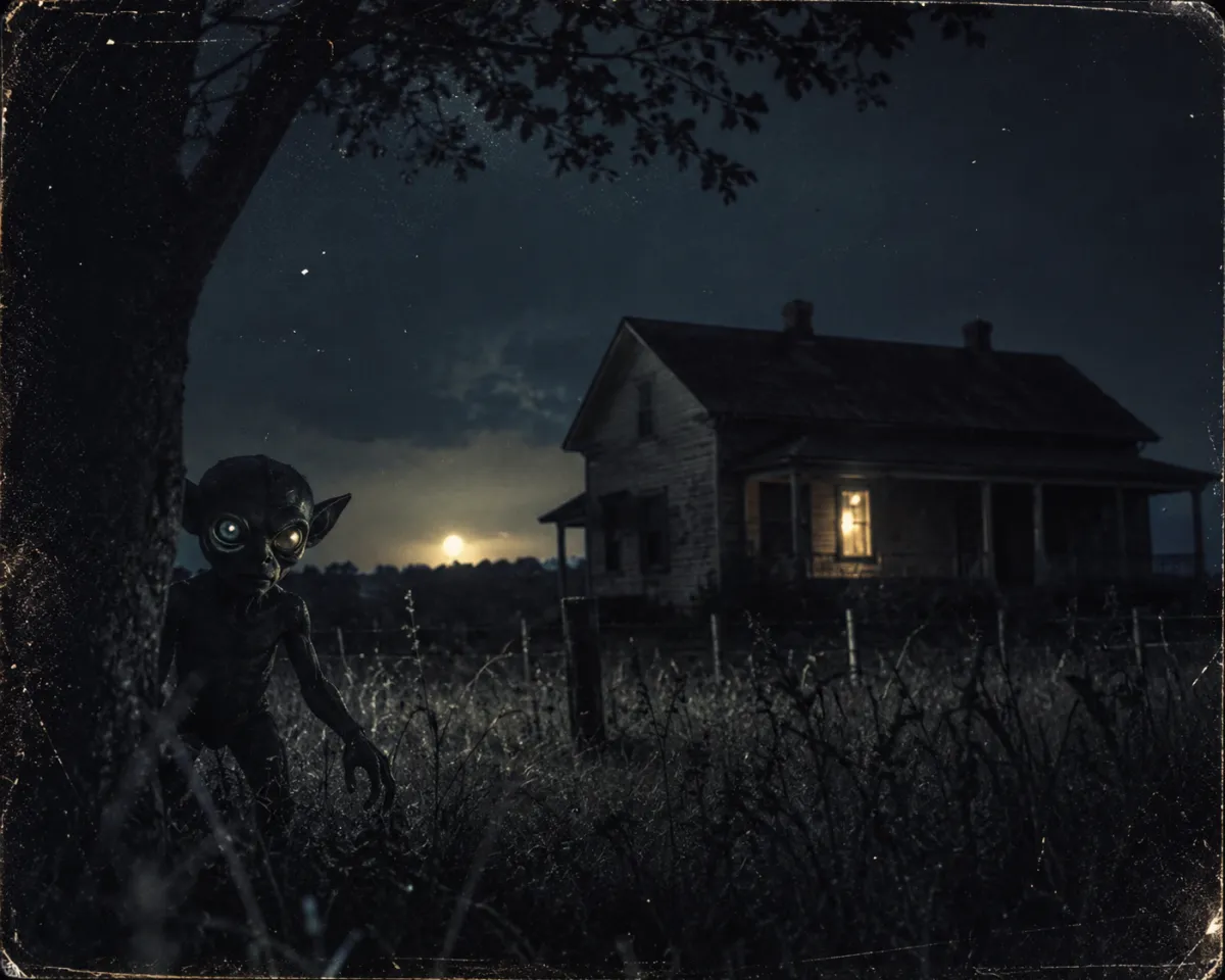 Artist's depiction of the 1955 Kelly-Hopkinsville encounter, showing a strange humanoid creature outside a rural Kentucky farmhouse.