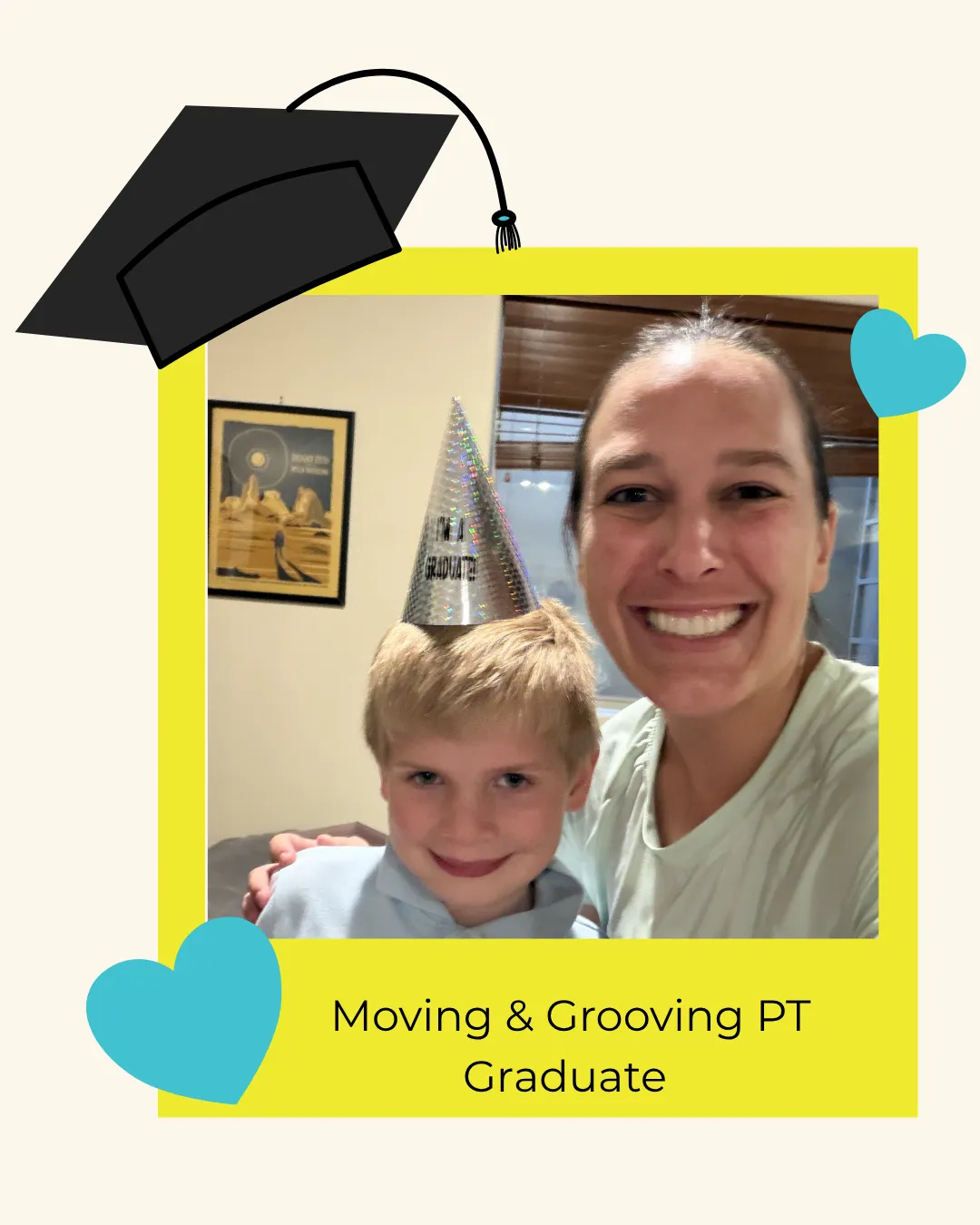 Child holding a "Way to Go!" certificate with a smiling therapist in a pediatric therapy setting, highlighting achievements in the Moving and Grooving PT program.