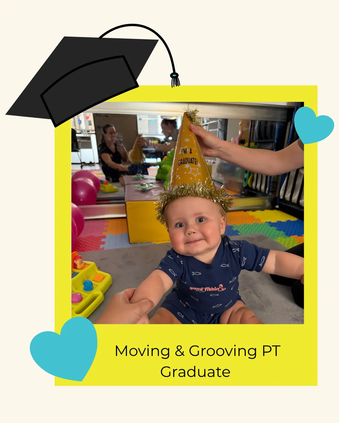 Child holding a "Way to Go!" certificate with a smiling therapist in a pediatric therapy setting, highlighting achievements in the Moving and Grooving PT program.