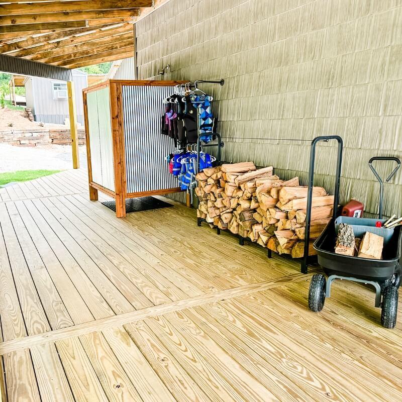 Eagles Nest Vacation Rental on Lay Lake Outdoor Shower and Firewood