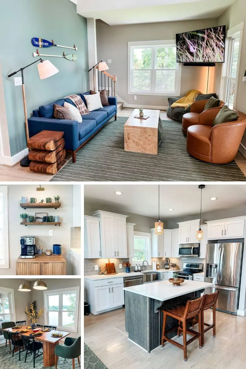 Open living and dining area at Mallards Nest on Lay Lake with lake views and cozy seating