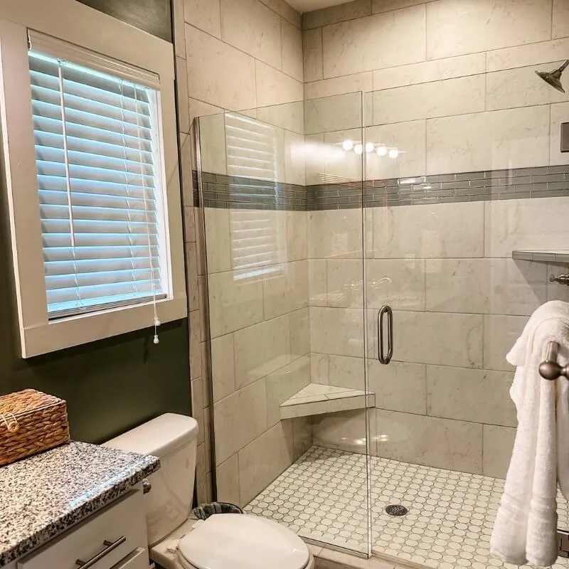 master bathroom walk-in glass shower lake rental in shelby al