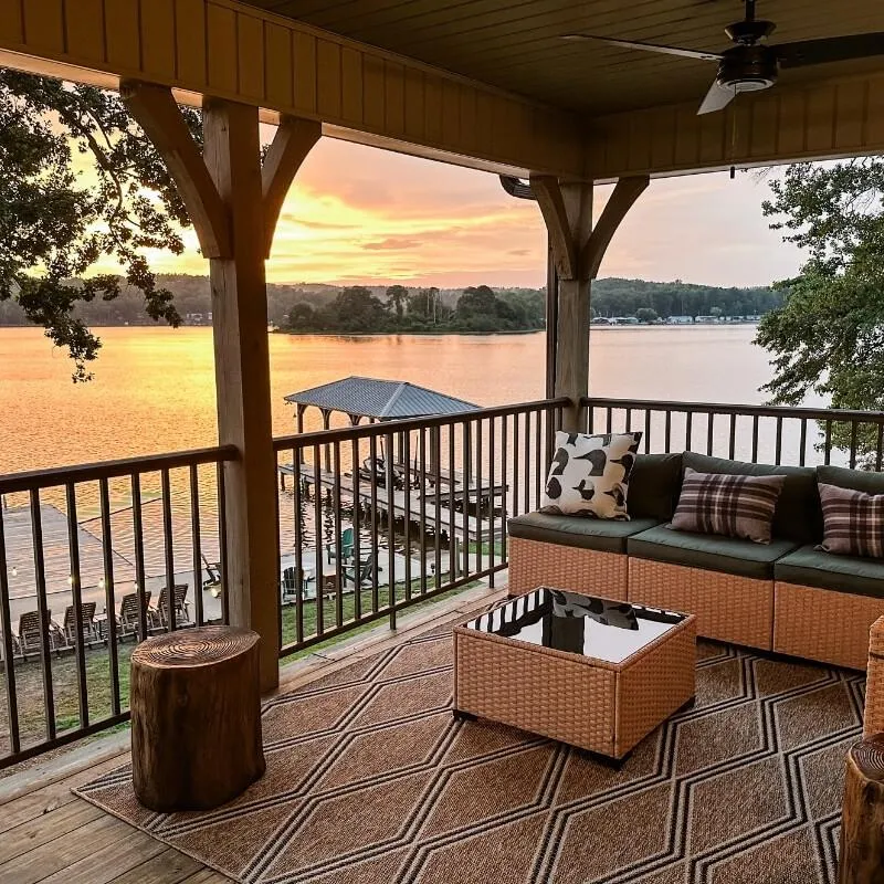 Mallards Nest covered deck sunset Lay Lake view