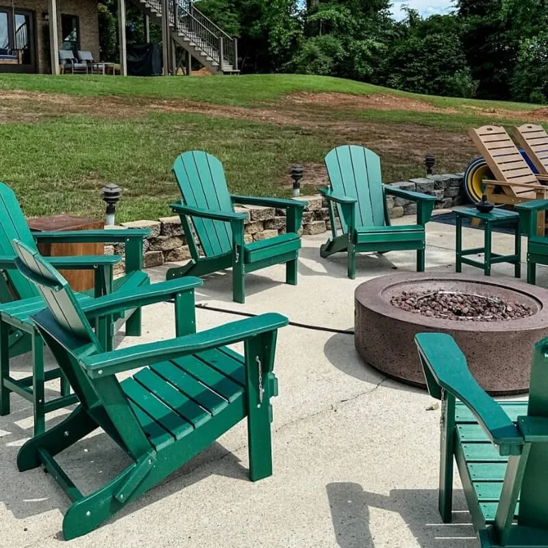 Lakefront Adirondack chairs and firepit Lay Lake