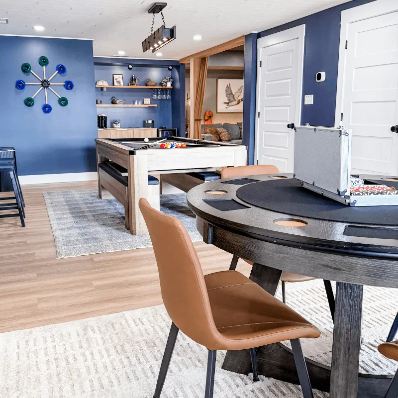 Full view of ping pong table in upgraded game room at Mallards Nest on Lay Lake