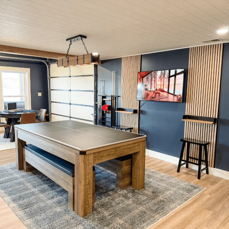 Spacious game room with pool table and bar area at Mallards Nest on Lay Lake