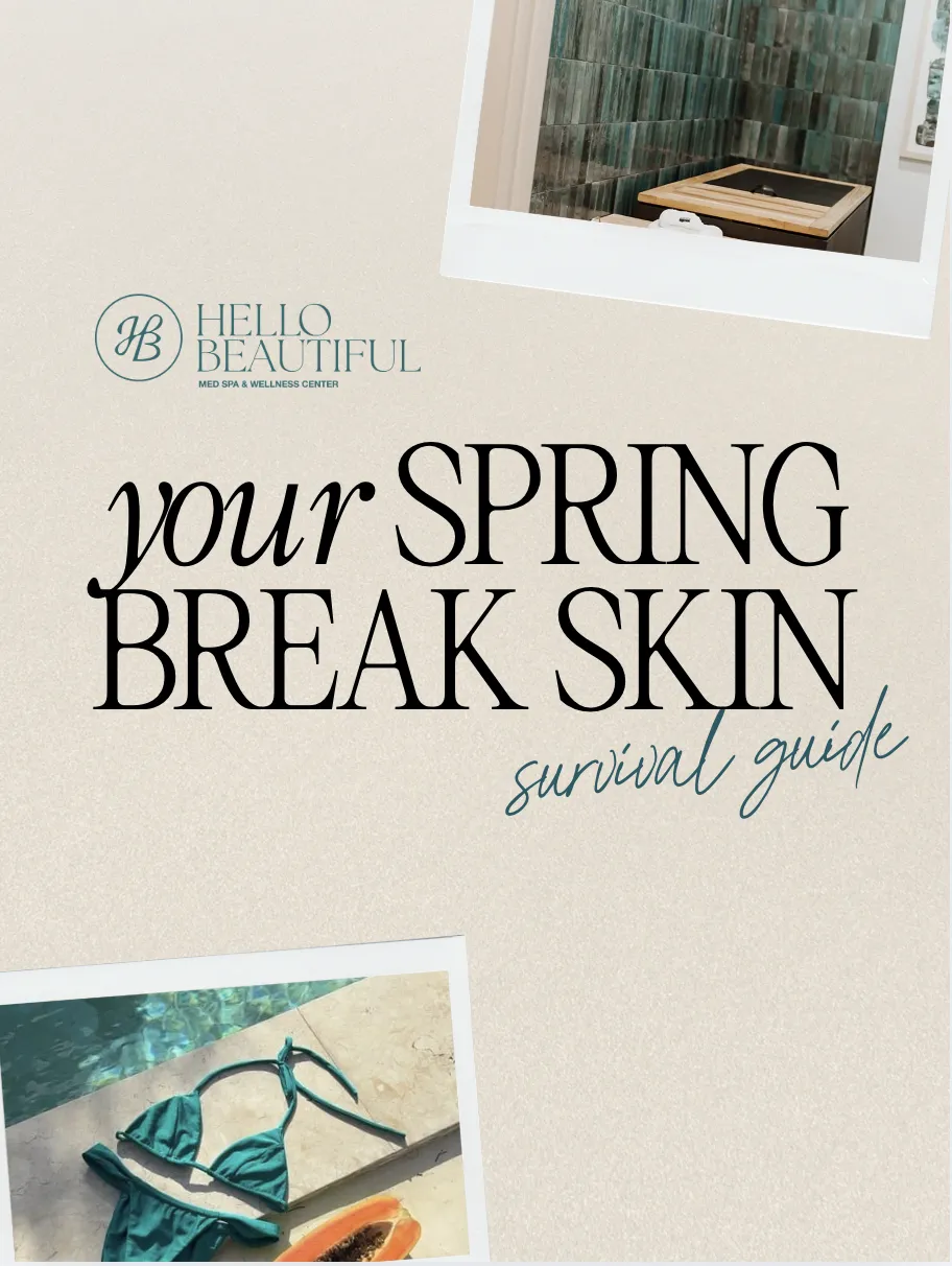 Hello Beautiful Medical Spa & Wellness Center spring break skincare blog cover reading “Your Spring Break Skin Survival Guide” with spa and poolside travel images on a soft neutral background.