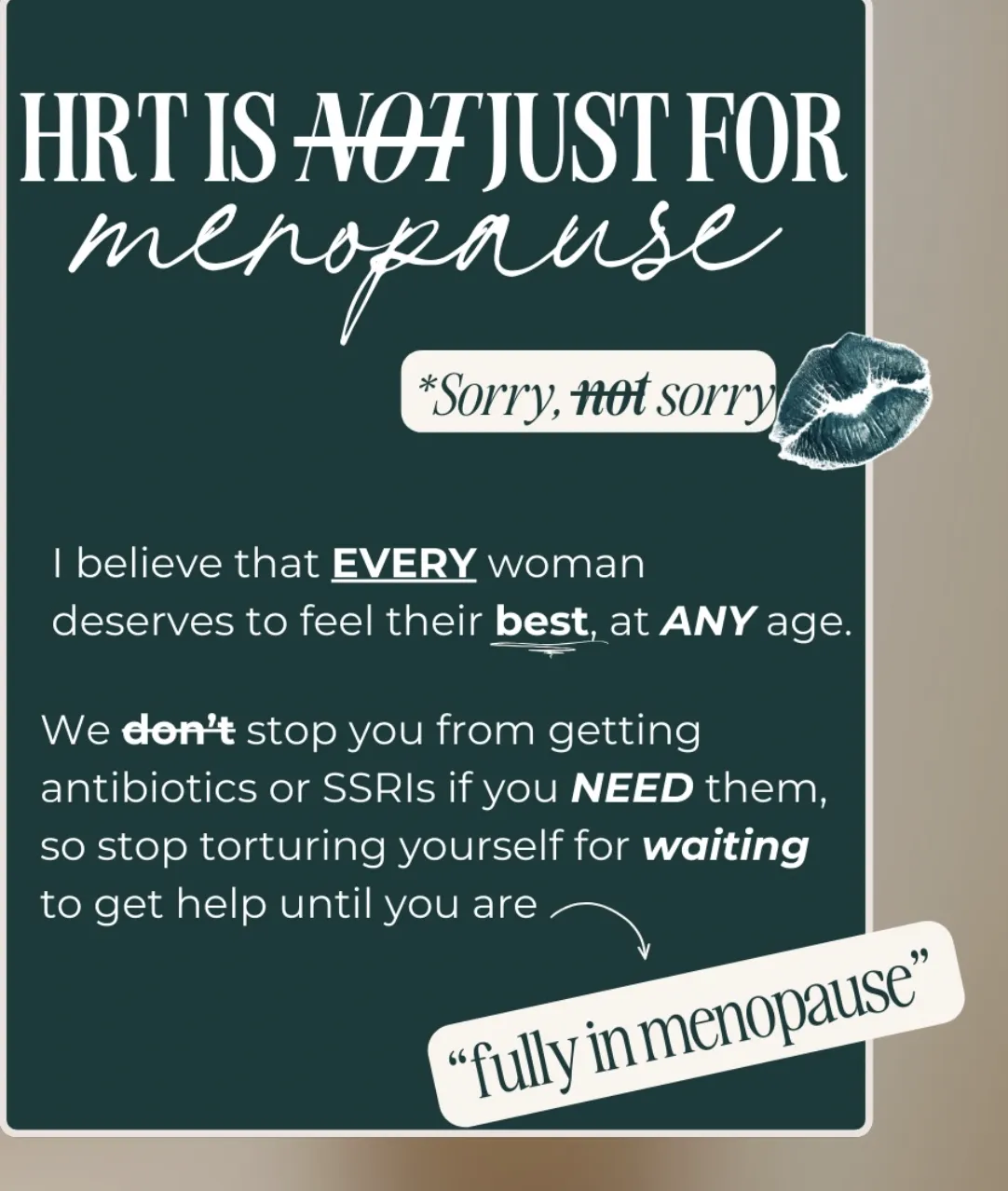 Teal graphic about hormone replacement therapy for women reading “HRT is not just for menopause” with messaging that women do not need to wait until menopause to seek hormone support. Image promotes women’s hormone health, HRT, perimenopause awareness, and wellness at any age.