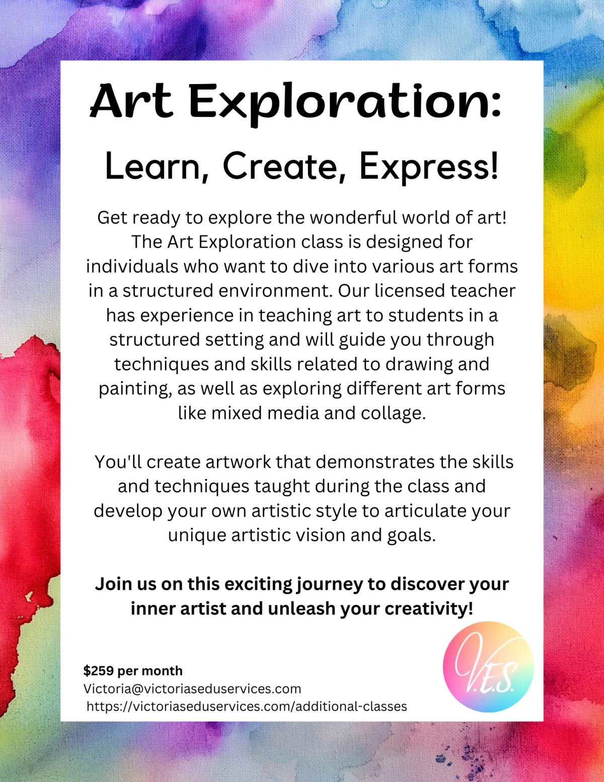 Flyer for community art class for teens and young adults.