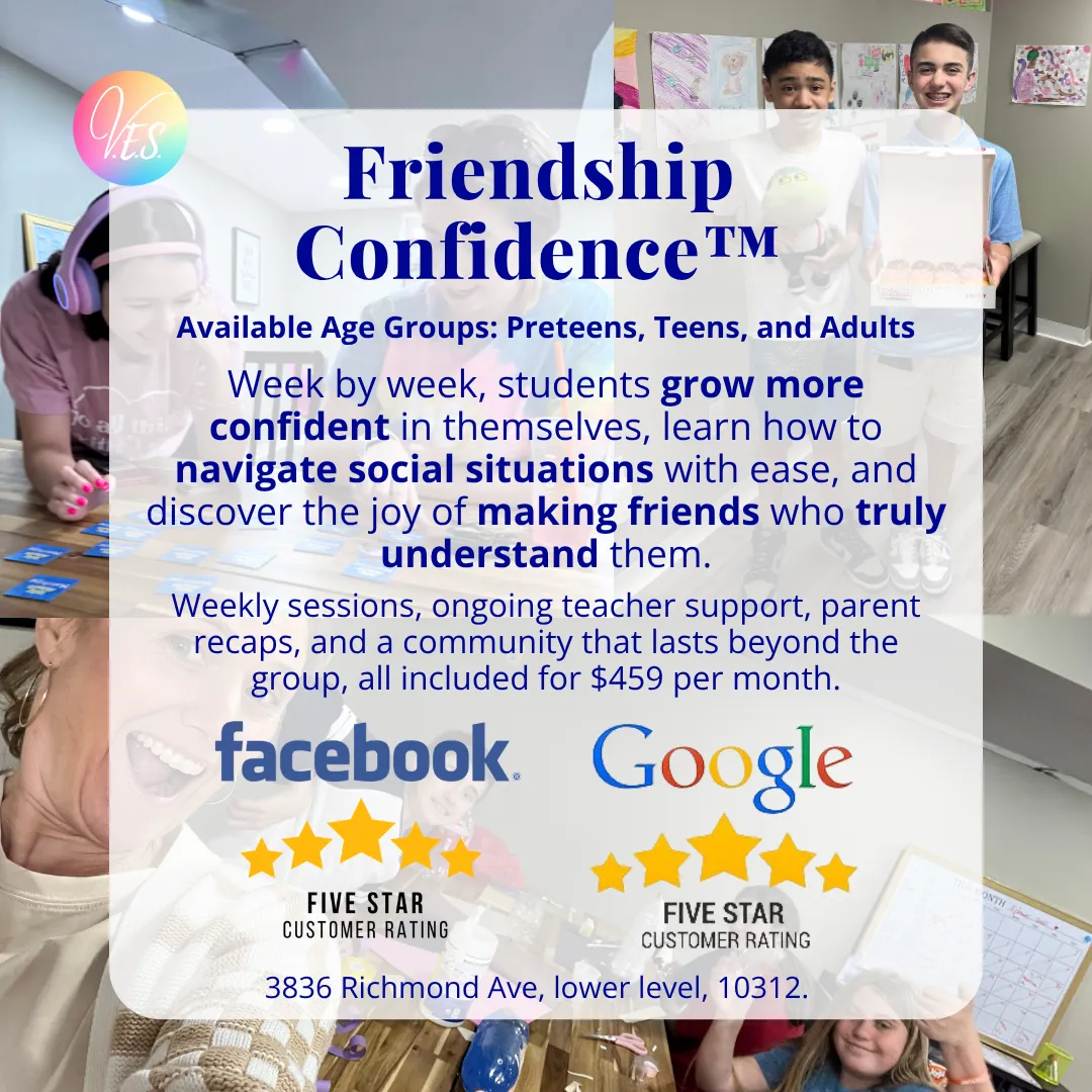 Flyer for the Friendship Confidence™ Program, a social confidence group helping kids, teens, and adults build friendships and self-esteem in Staten Island.