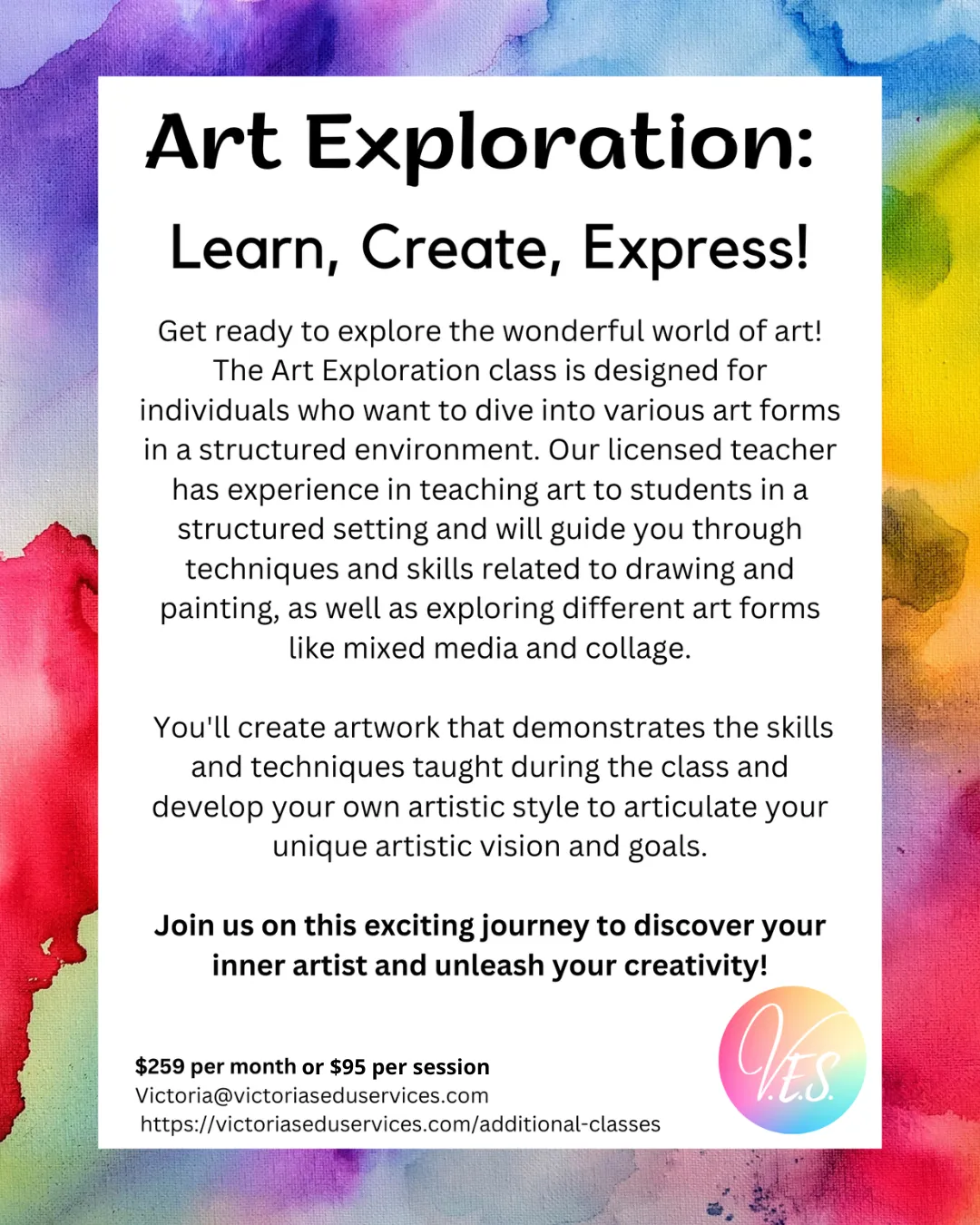 Flyer for community art class for teens and young adults.