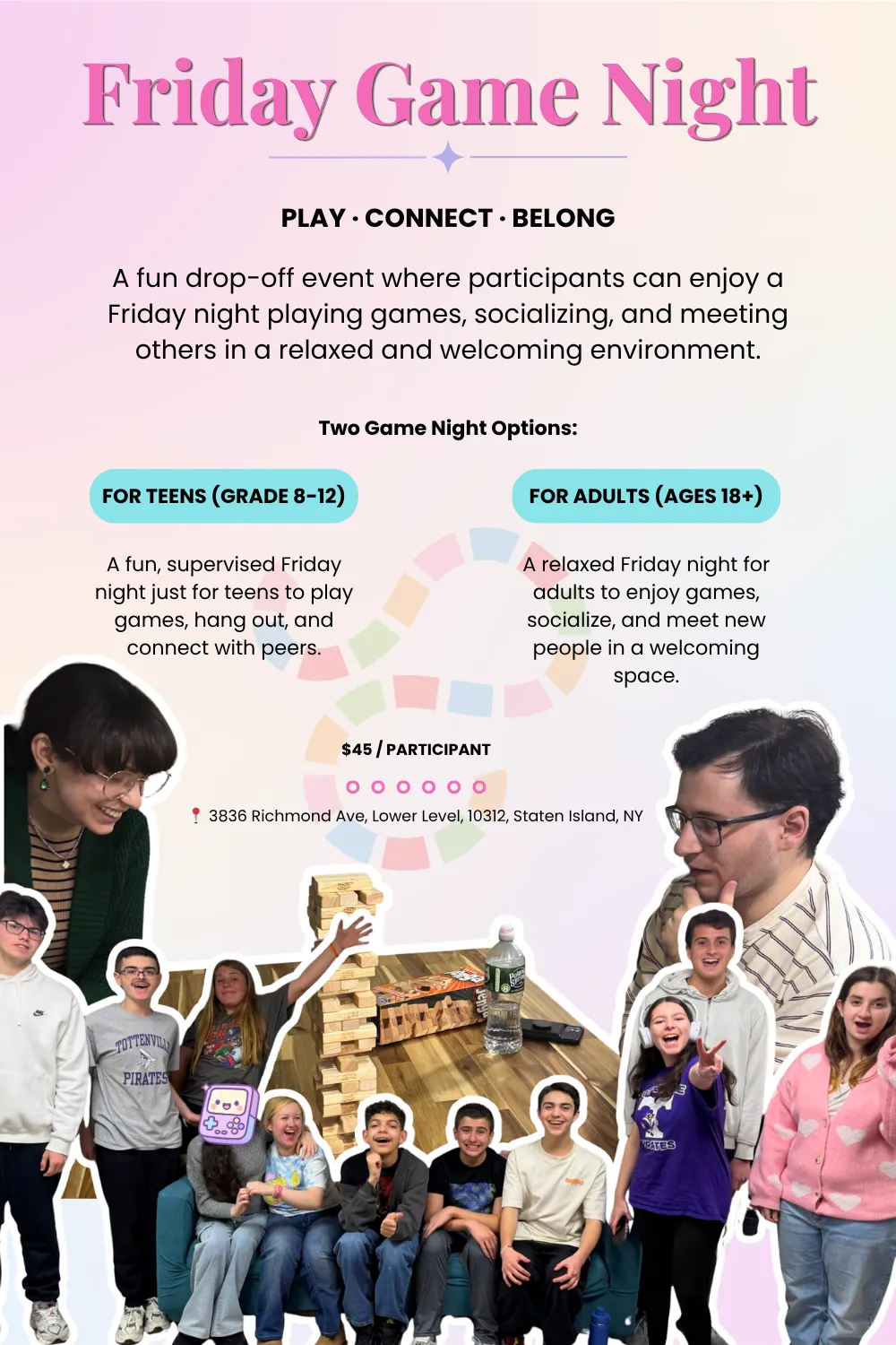 Flyer for the Friendship Confidence™ Program, a social confidence group helping kids, teens, and adults build friendships and self-esteem in Staten Island.