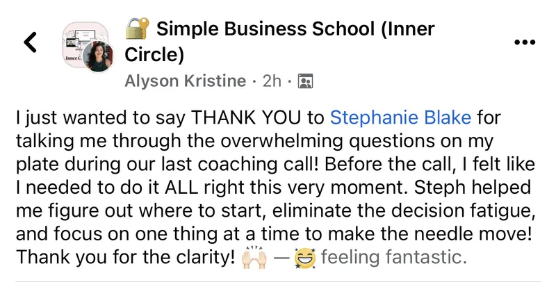 Testimonial from a business coach praising Simple Business School™ for simplifying their business processes