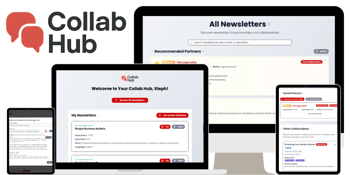Collab Hub platform displayed on laptop, tablet, and phone showing newsletter directory and collaboration tools.