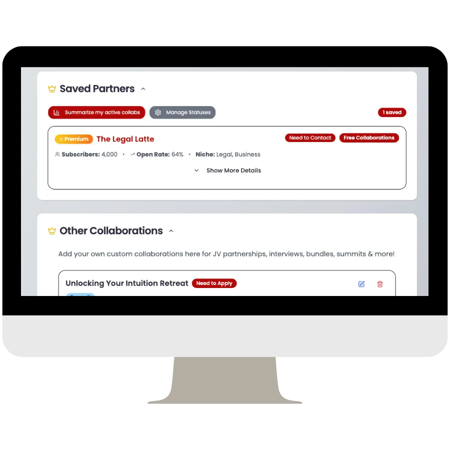 Dashboard view in Collab Hub showing collaboration statuses, notes, and tracking system.