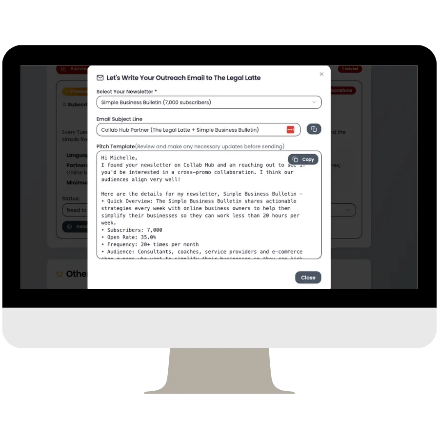 Collab Hub outreach screen showing AI-generated email templates for newsletter collaboration pitches and follow-ups.