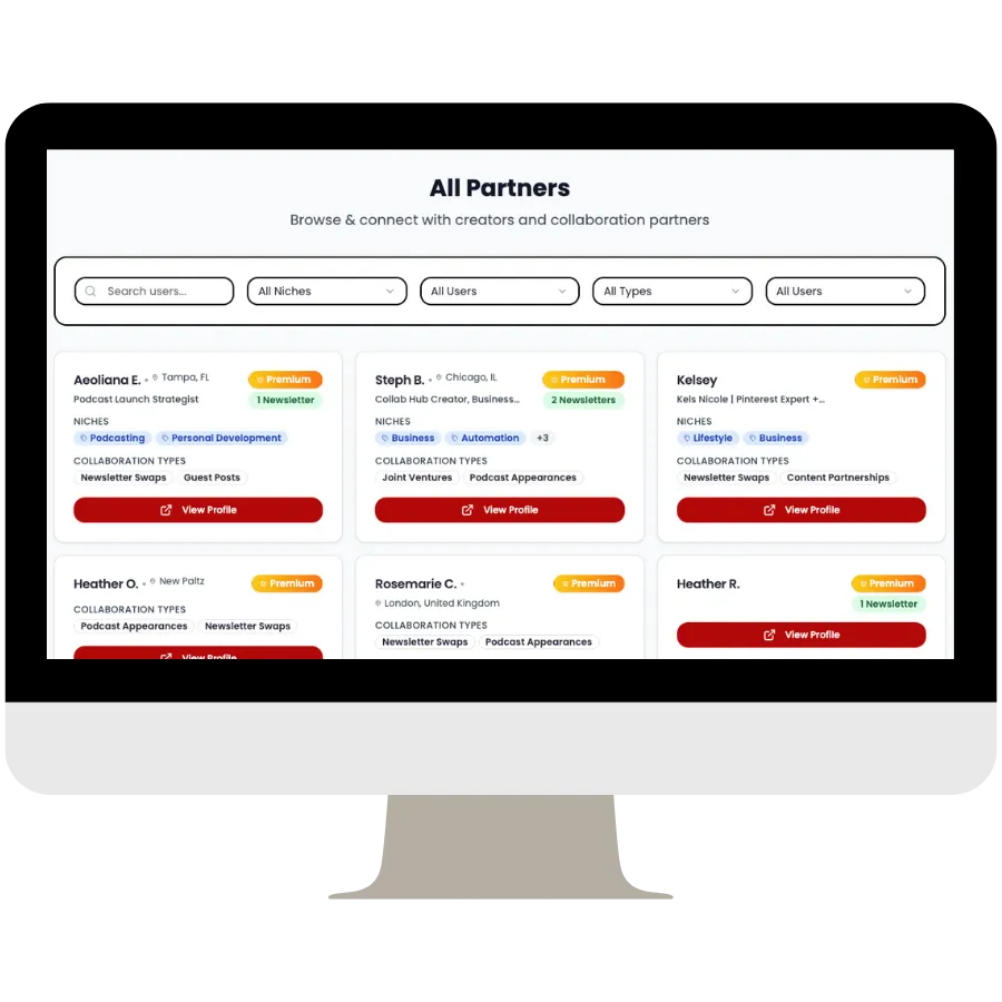 Screenshot of Collab Hub newsletter directory with filters to discover and match with collaboration partners.