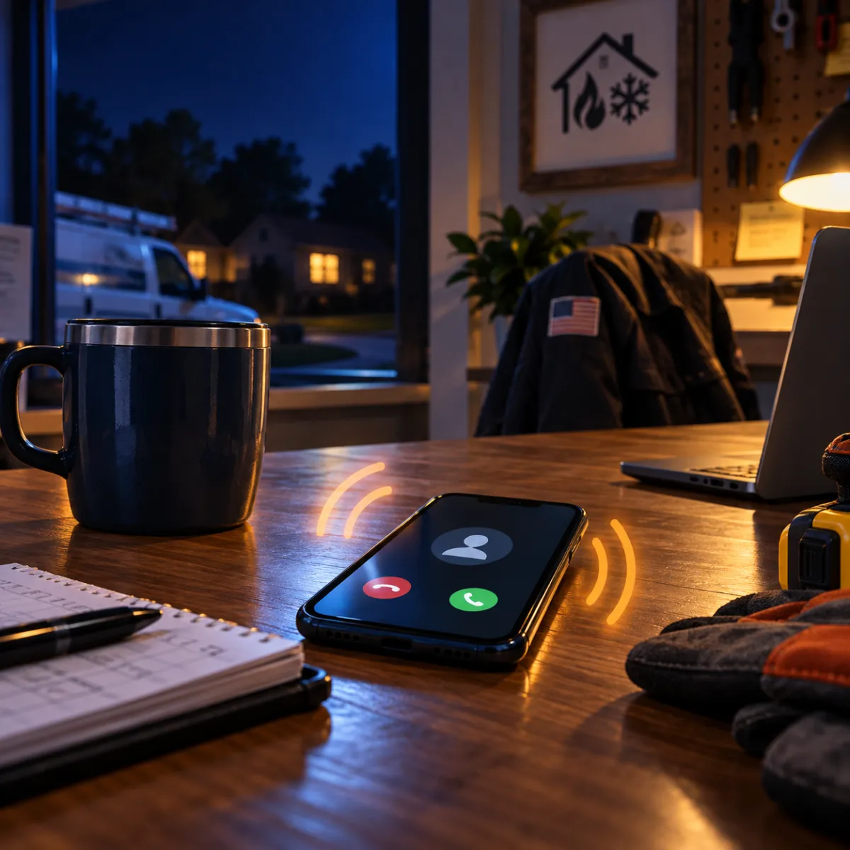 Phone ringing unanswered at an HVAC business during an after-hours service call