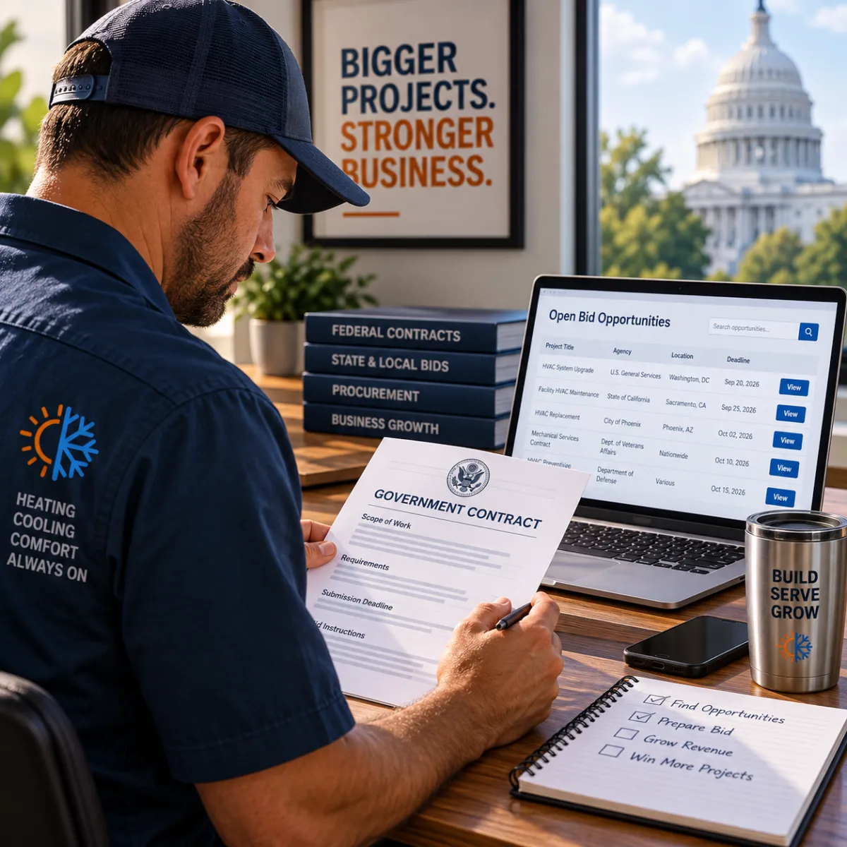 HVAC technician reviewing government contract paperwork alongside a laptop showing open bid listings