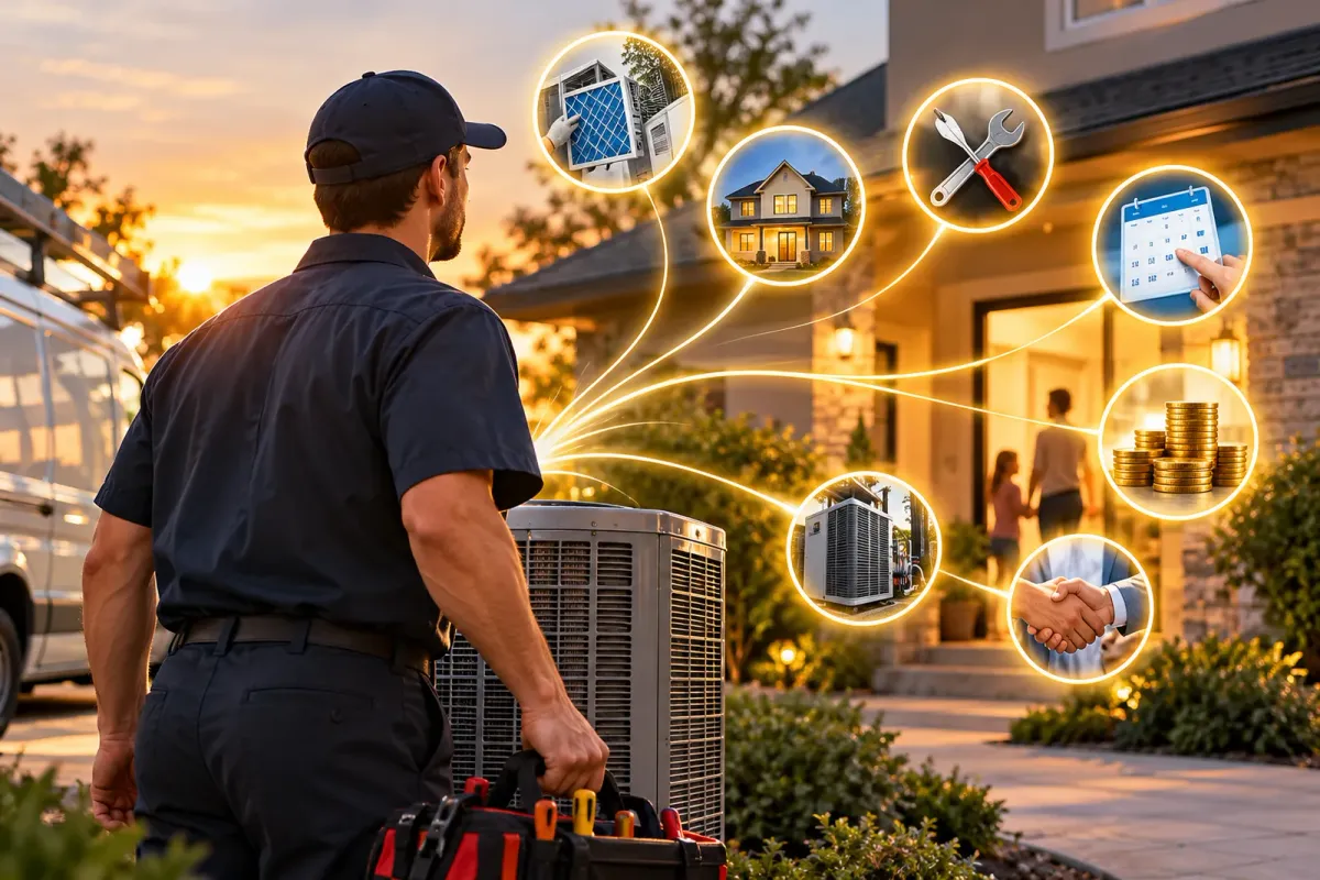 Revenue recovery for HVAC maintenance plans: technician at a customer's AC unit with icons for filter changes, scheduling, repairs, and payments