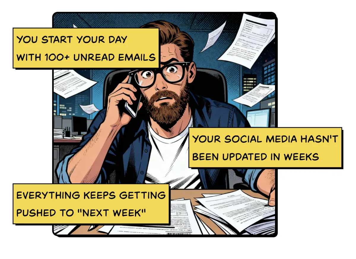 A minimalist illustration showing a small business owner shaking hands with a futuristic AI avatar in a bright, open workspace. The scene uses clean lines and a blue-white palette, symbolizing partnership, trust, and technological advancement.