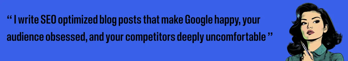 Stylized illustration of Penny, an AI writer, composing blog posts on a laptop surrounded by creative notes and digital content icons.