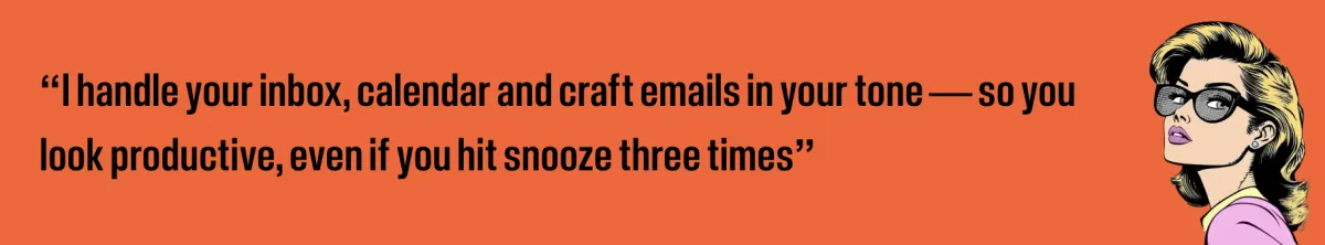 Digital illustration of Eva, an AI secretary avatar, managing a digital calendar and emails for a business owner in a bright office.