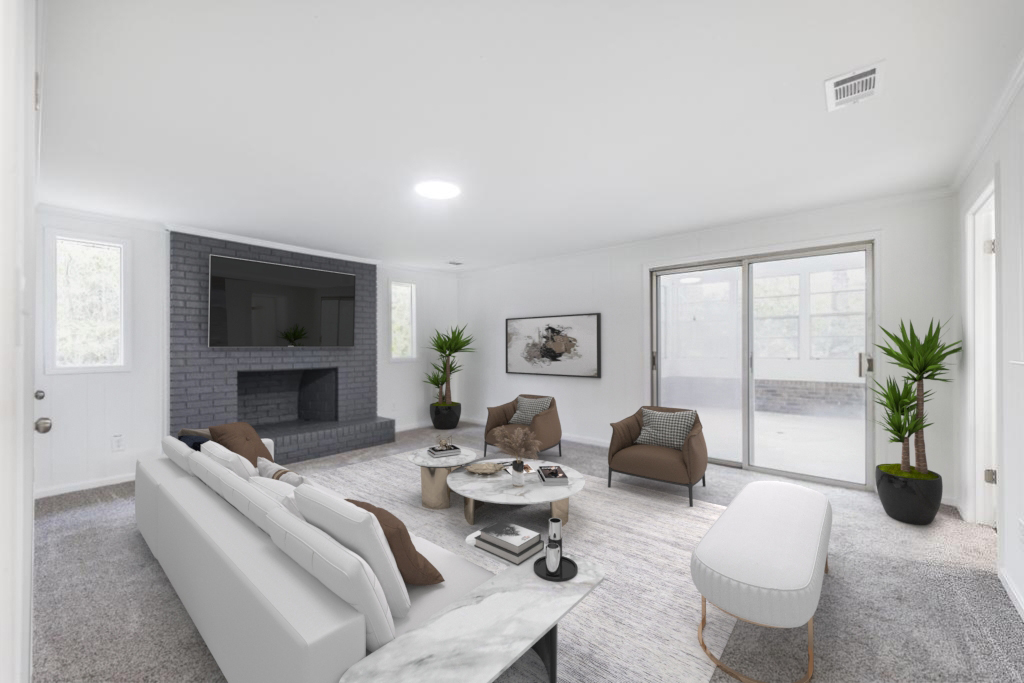 We Buy Houses in Perry without a real estate agent. Renovated living room with fresh fireplace.