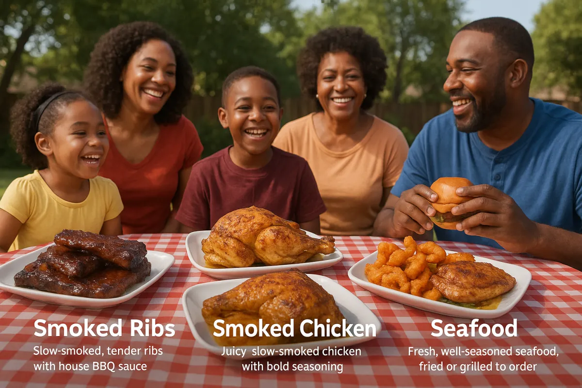 A vibrant, overhead shot of a rustic wooden platter overflowing with assorted smoked meats—ribs, brisket, sausages—garnished with fresh herbs and accompanied by small bowls of signature sauces. The background is a lively outdoor picnic scene with blurred guests enjoying food, evoking a festive, communal barbecue atmosphere.