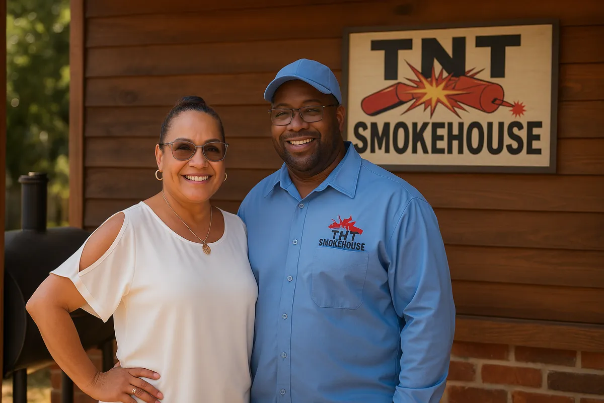 Two pitmasters, one older and one younger, tending to a large outdoor smoker filled with racks of meat. Both wear branded aprons and are smiling, surrounded by wood logs and smoke. The background is a sunlit backyard with string lights and picnic tables.