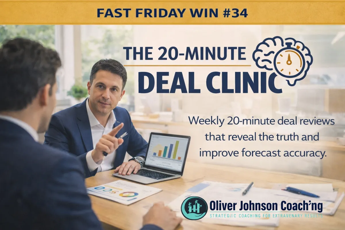 Branded Fast Friday Win #34 graphic on a cream background with a gold top banner reading “FAST FRIDAY WIN #34” and navy title text “THE 20-MINUTE DEAL CLINIC”, with the Oliver Johnson Coaching logo centred at the bottom.