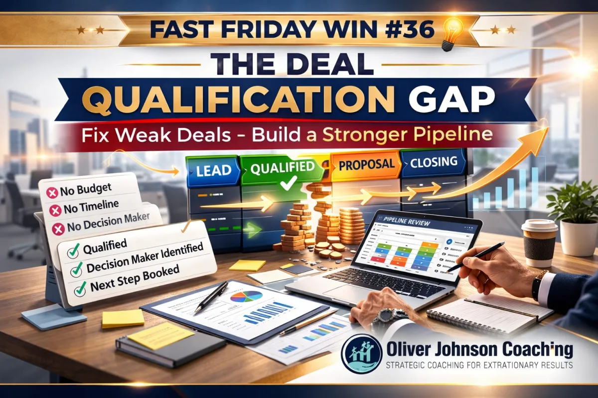 Branded Fast Friday Wins graphic titled “The Deal Qualification Gap” showing a sales manager reviewing a pipeline with gaps in deal stages on a laptop in a modern office.