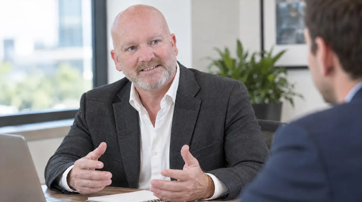 Oliver Johnson discussing business priorities with an SME owner
