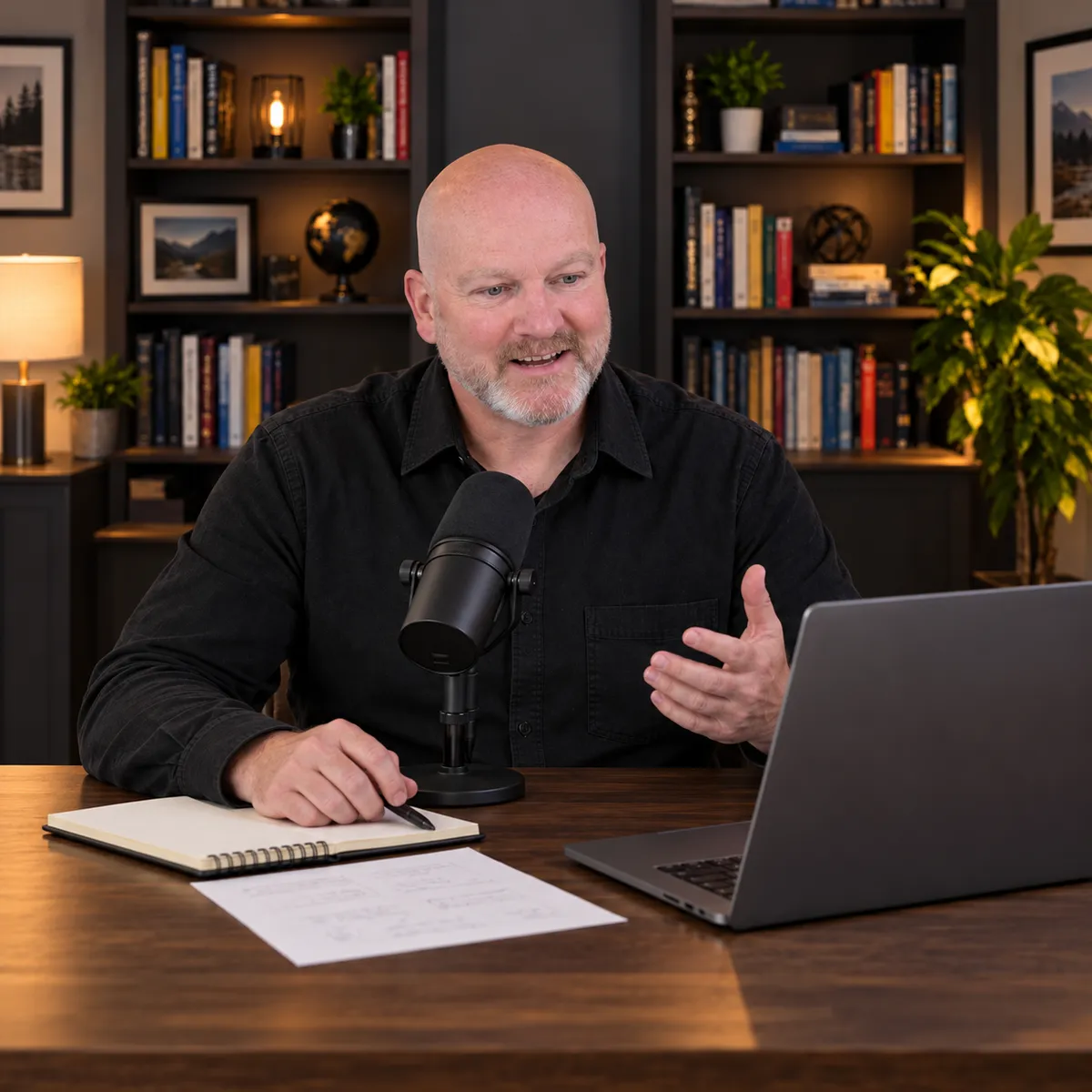 Oliver Johnson hosting an Enable online business Q&A with a microphone and laptop