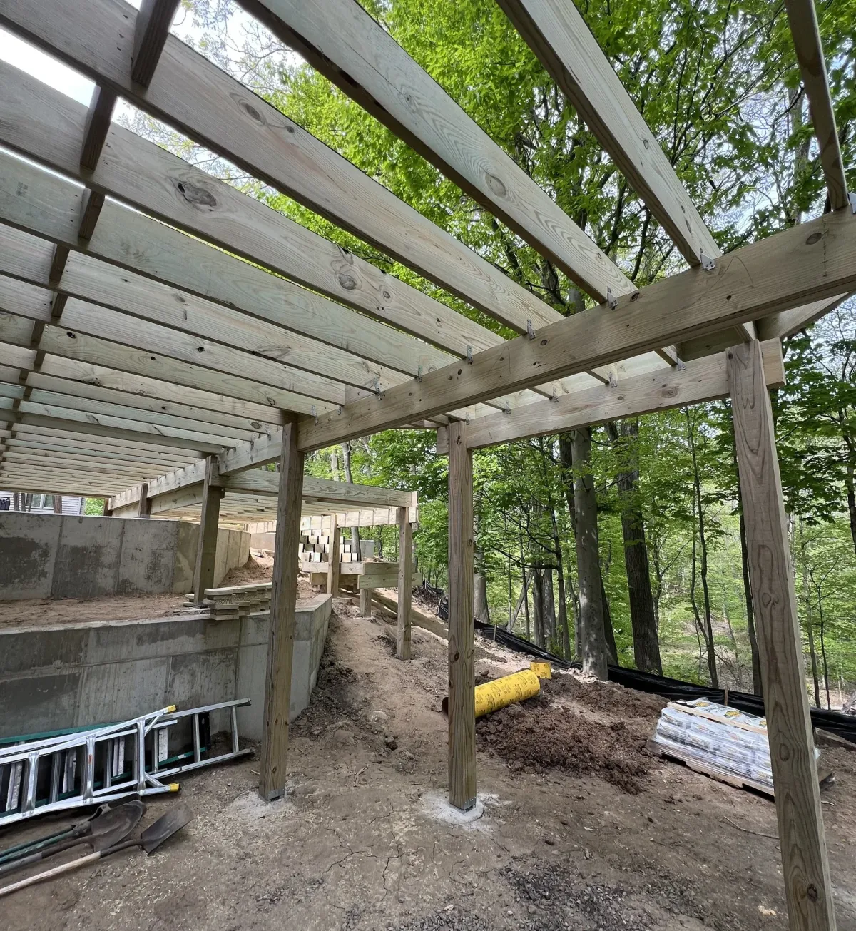 treated deck frame secured by flashed ledger board