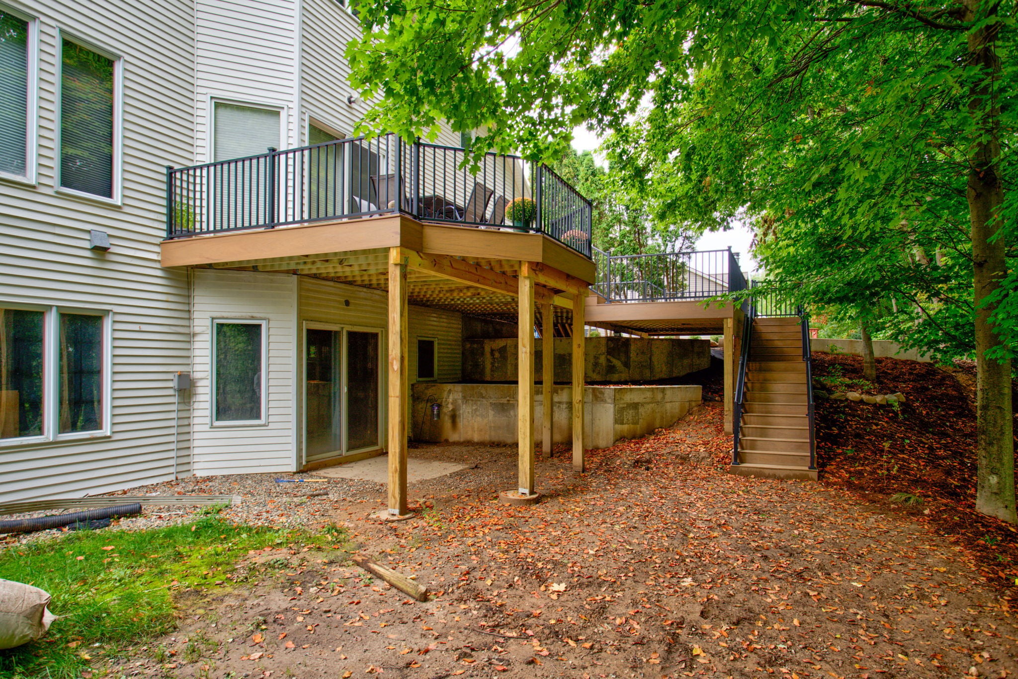 deck viewed from ground level showing staircase