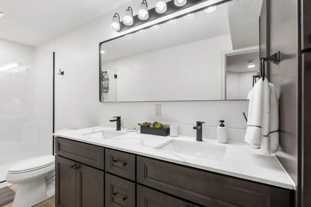Full bathroom in newly finished basement completed by TPC Construction in Byron Center, MI