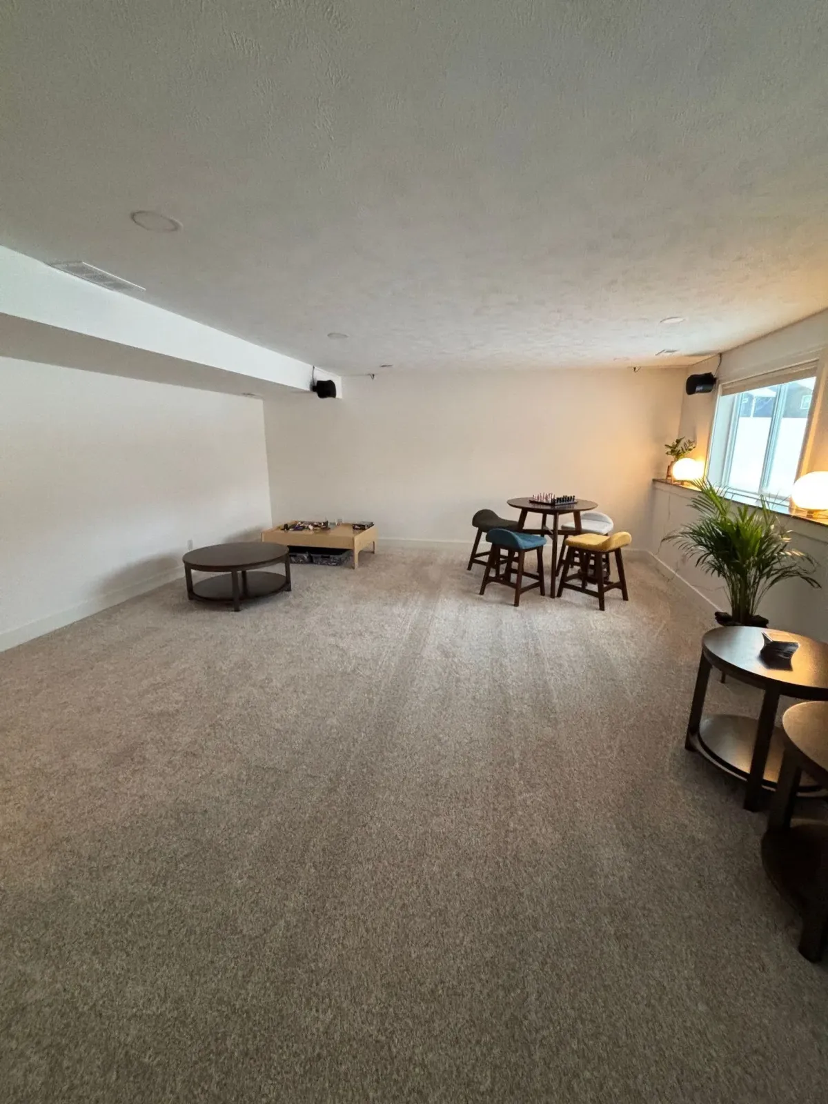 finished basement remodel with new carpet