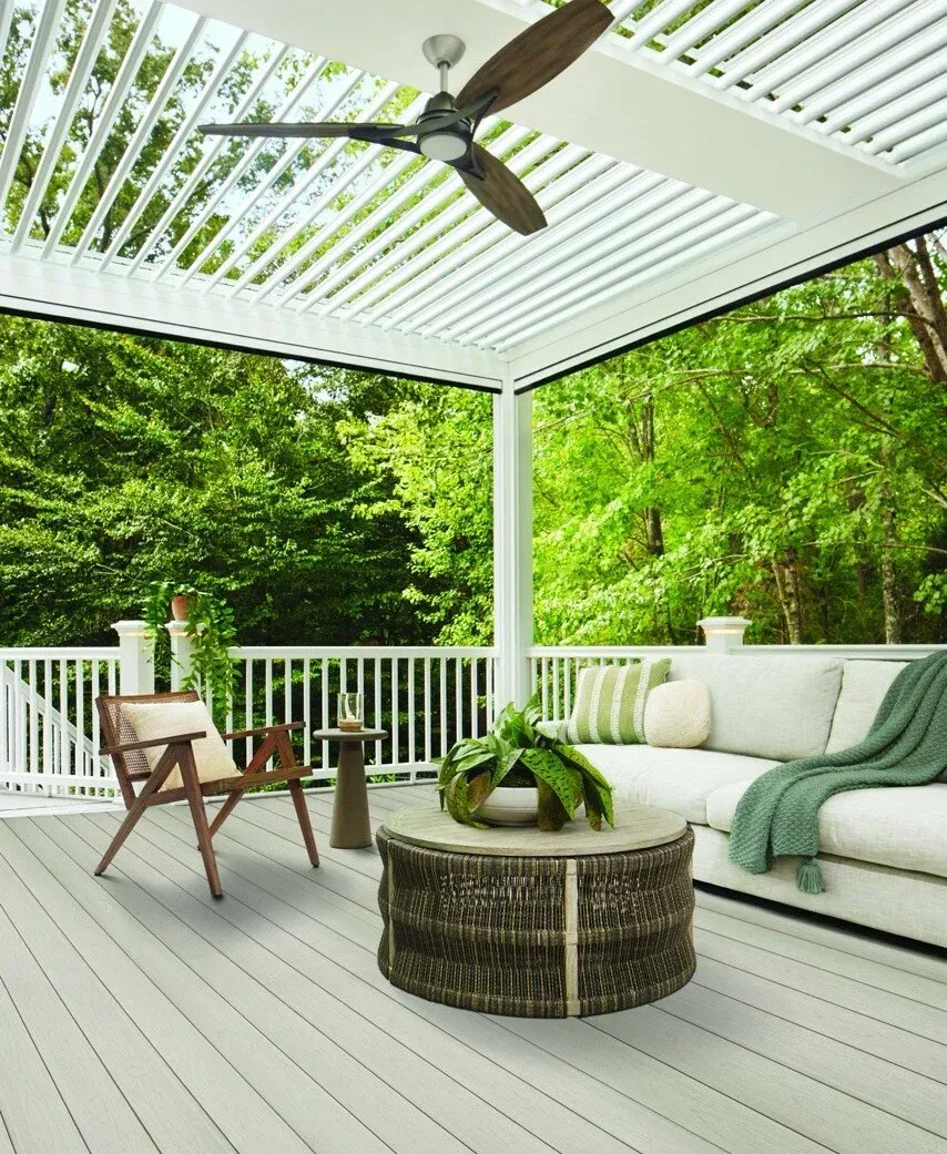 Beautiful outdoor deck with pergola and seating area