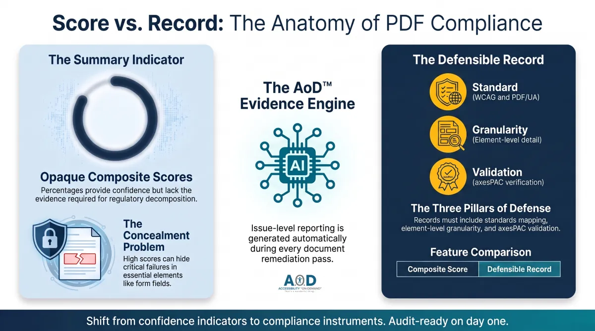 The Anatomy of PDF Compliance illustrates the strategic shift from relying on simple percentage scores to building a documented evidentiary record. On the left, a panel labeled The Summary Indicator explains that opaque percentage scores provide a sense of confidence but lack the decomposable evidence required by auditors. The center features The AoD Evidence Engine, a futuristic hub that generates granular issue-level reporting as a standard byproduct of every remediation pass. On the right, The Defensible Record is defined through three essential pillars: adherence to WCAG and PDF/UA standards, element-level Granularity, and independent axesPAC validation. The footer emphasizes a shift from confidence indicators to compliance instruments to ensure organizations are audit-ready on day one.