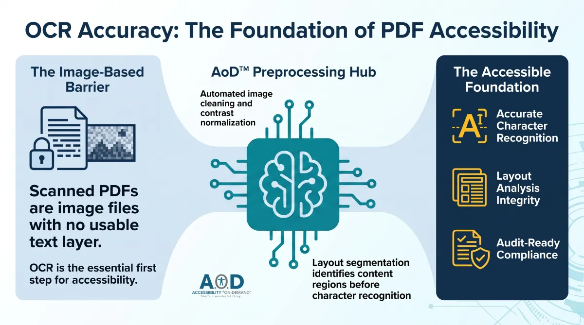 Article 5's "OCR Accuracy: The Foundation of PDF Accessibility" illustrates why character recognition is the essential first step for scanned documents. On the left, a section called The Image-Based Barrier explains that scanned PDFs are images with no machine-readable text layer for screen readers. The center features the AoD™ Preprocessing Hub, a teal icon representing automated image cleaning, contrast normalization, and de-skewing to ensure recognition starts from a clean input. On the right, the visual lists the required outcomes for a compliant foundation: Accurate Character Recognition, Layout Analysis Integrity, and audit-ready proof for WCAG 2.1 and Section 508 compliance.