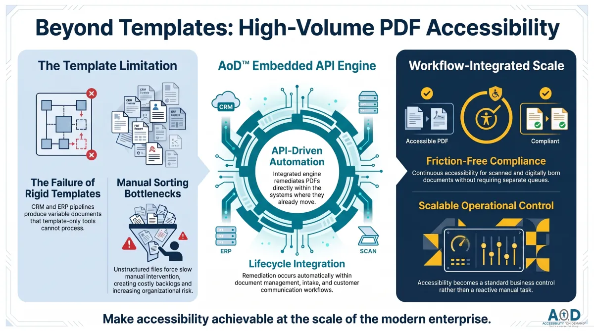 The Beyond Templates: High-Volume PDF Accessibility infographic contrasts rigid template tools with workflow-integrated automation. The left side highlights how variable PDFs from scanners and business pipelines create manual sorting bottlenecks. The center features the AoD™ Embedded API Engine processing files within existing document lifecycles. The right side illustrates workflow-integrated scale, showing continuous compliance for digital and scanned files without separate queues.