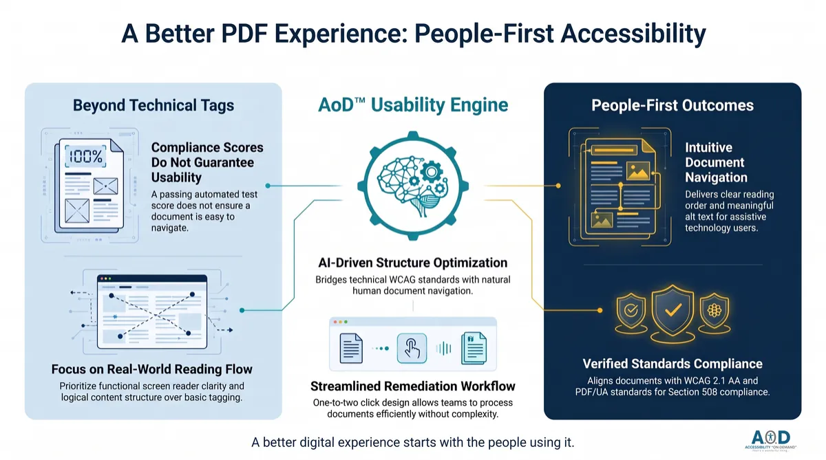 A Better PDF Experience: People-First Accessibility. On the left, a card titled Beyond Technical Tags explains that automated passing scores do not guarantee real-world usability. In the center, a section features the AoD Usability Engine bridging technical WCAG standards with natural human navigation. On the right, panels highlight outcomes including intuitive document structure, meaningful alt text, and verified screen reader accessibility. Footer: A better digital experience starts with the people using it.