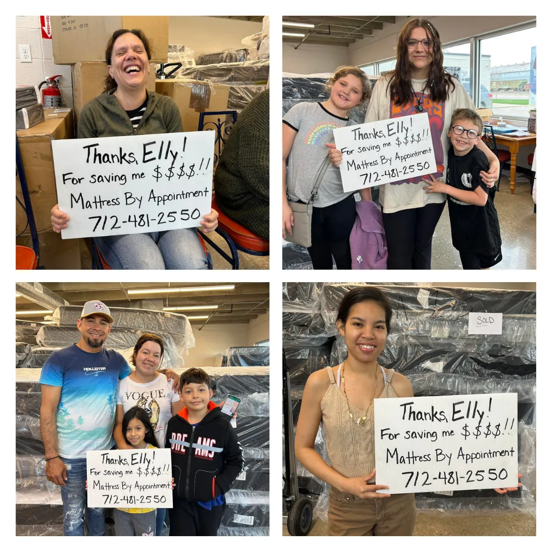 a collage of nine happy customer photos holding a mattress by appointment sign and giving a thumbs up