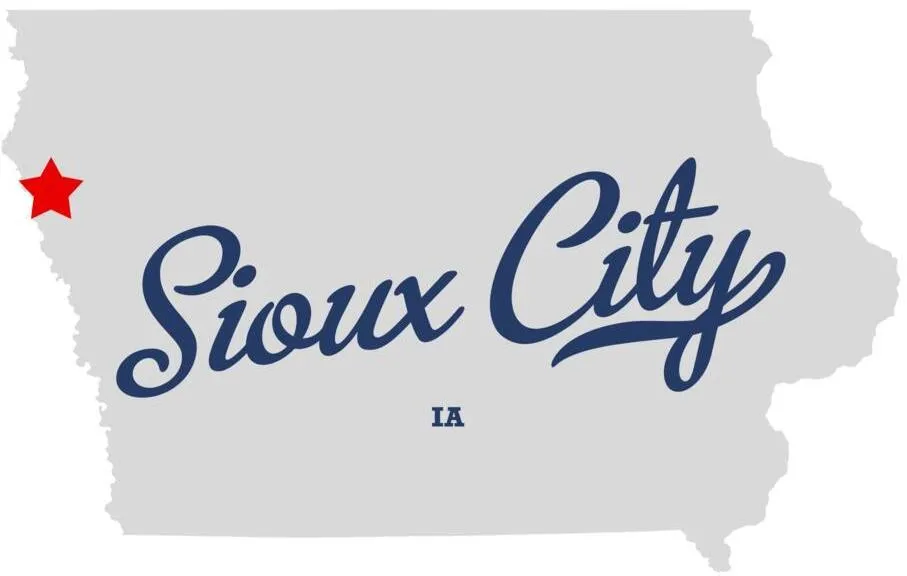 an image with Sioux City marked by a red star on a grey Iowa state