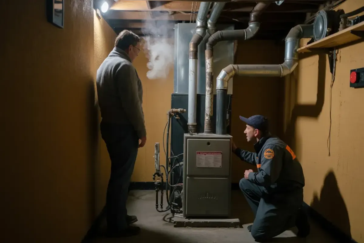 A homeowner checking a failing furnace in Minneapolis, Minnesota.
