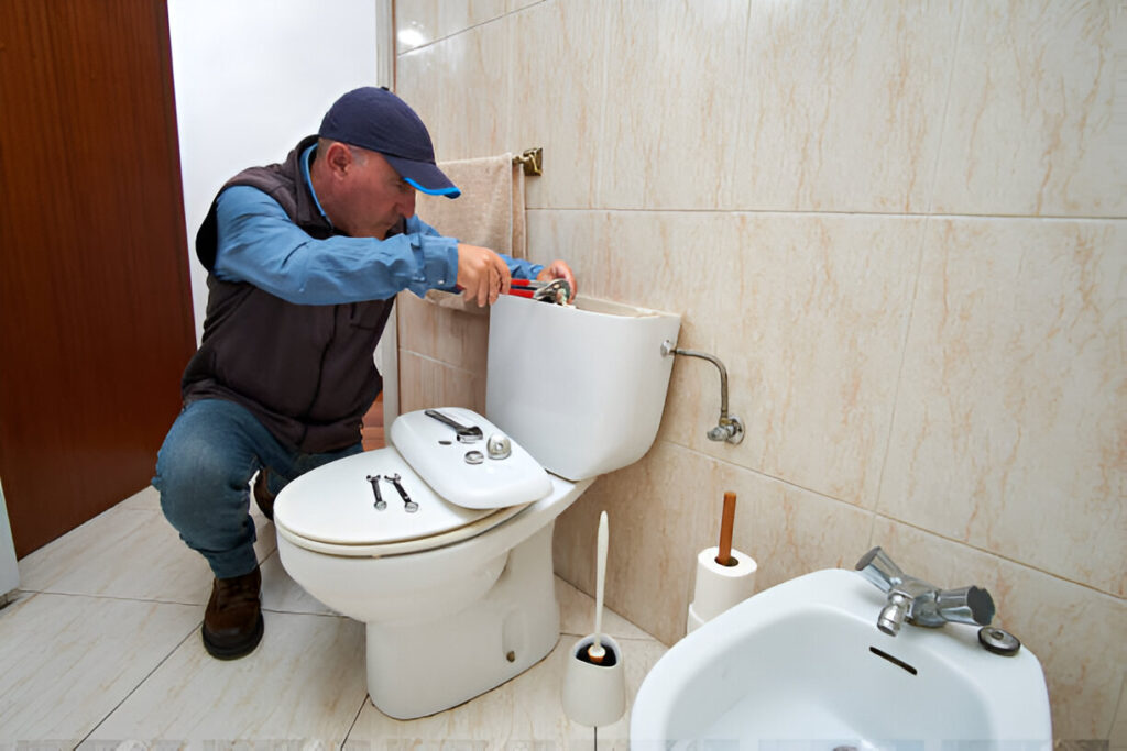 Technician diagnosing running toilet repair in Minneapolis by checking flapper and fill valve