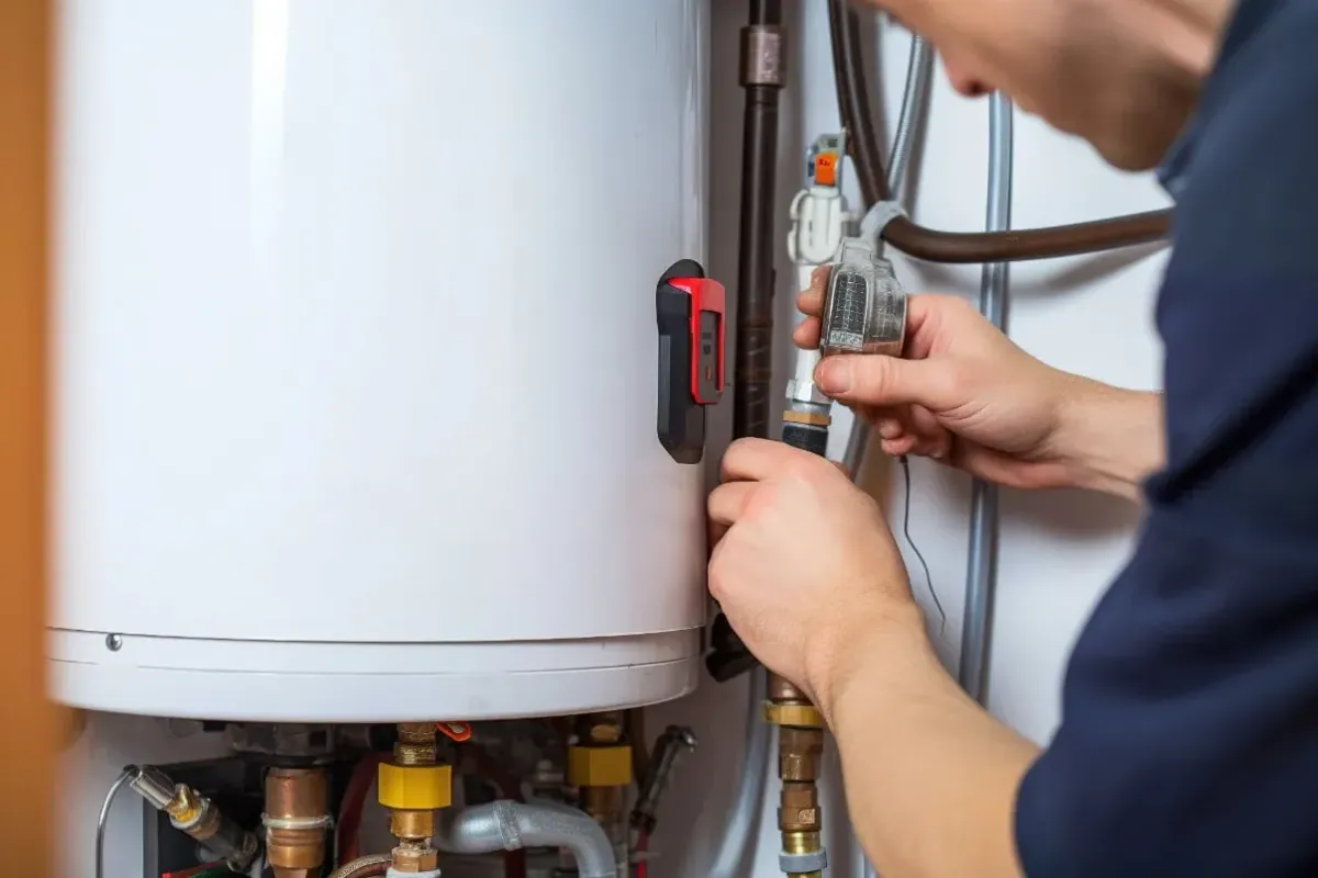 Technician checking water heater thermostat setting in Minneapolis home